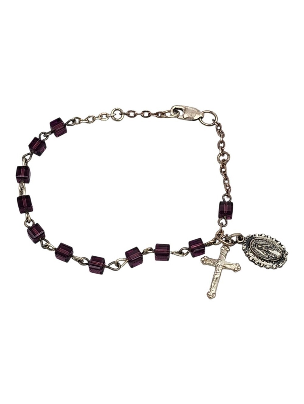 Sterling Silver Rosary Bracelet Swarovski Crystal Beads Creed Silver Charms